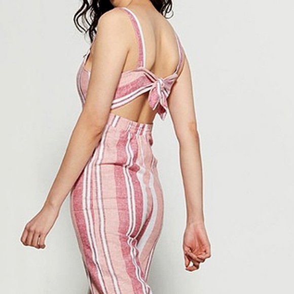 NEW Pink Striped Button Front Cutout Tie Open Back Linen Blend Jumpsuits $140 - Picture 5 of 8